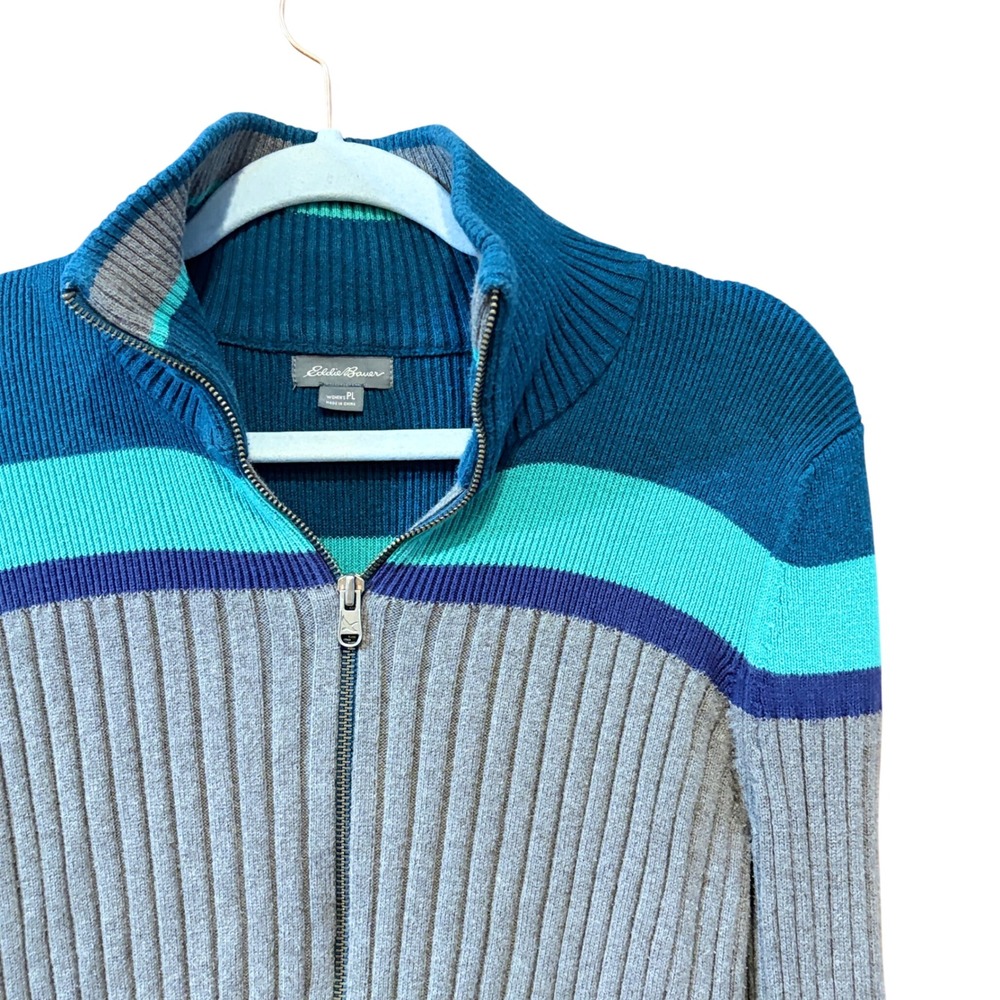 Eddie Bauer Womens PL Large Full Zip Ribbed Cotton Striped Sweater Grey 90's